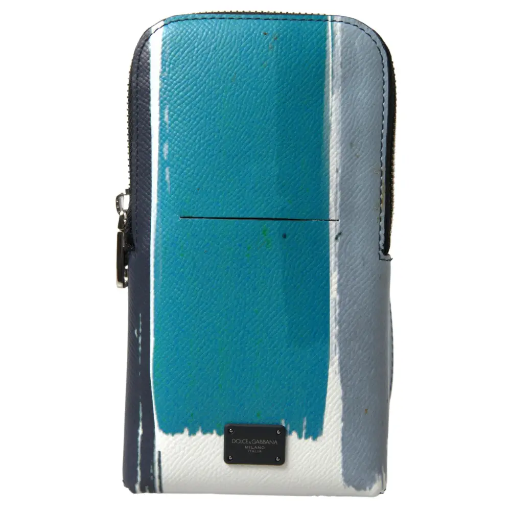 Dolce & Gabbana elegant leather crossbody phone bag with teal and gray paint-splatter design on textured leather