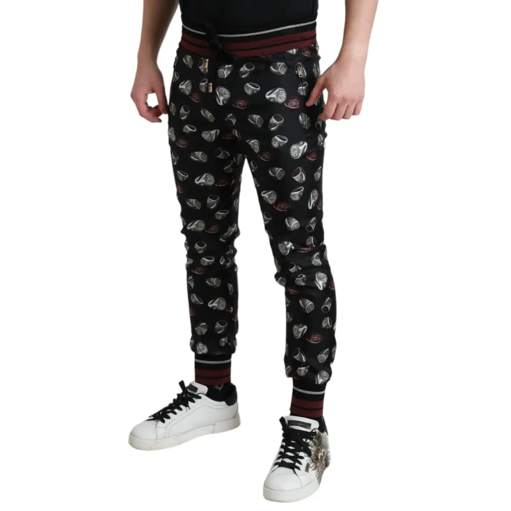Dolce & Gabbana Elegant Silk Jogging Trousers with Ring Print - IT50/L - Bukser