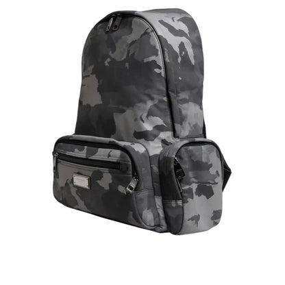 Dolce & Gabbana Gray Cotton Camouflage Logo Plaque Backpack Bag