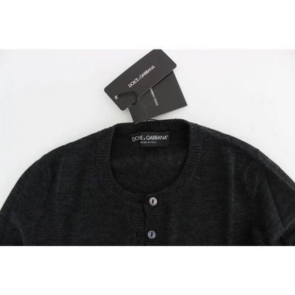 Mørk grå Dolce & Gabbana cardigan med rund hals og sølvknapper, 100% originale brands
