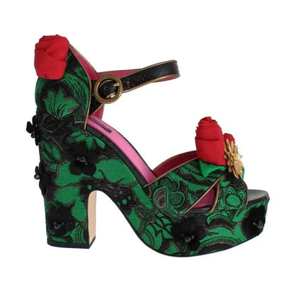 Dolce & Gabbana Green Brocade Snakeskin Roses Crystal Shoes