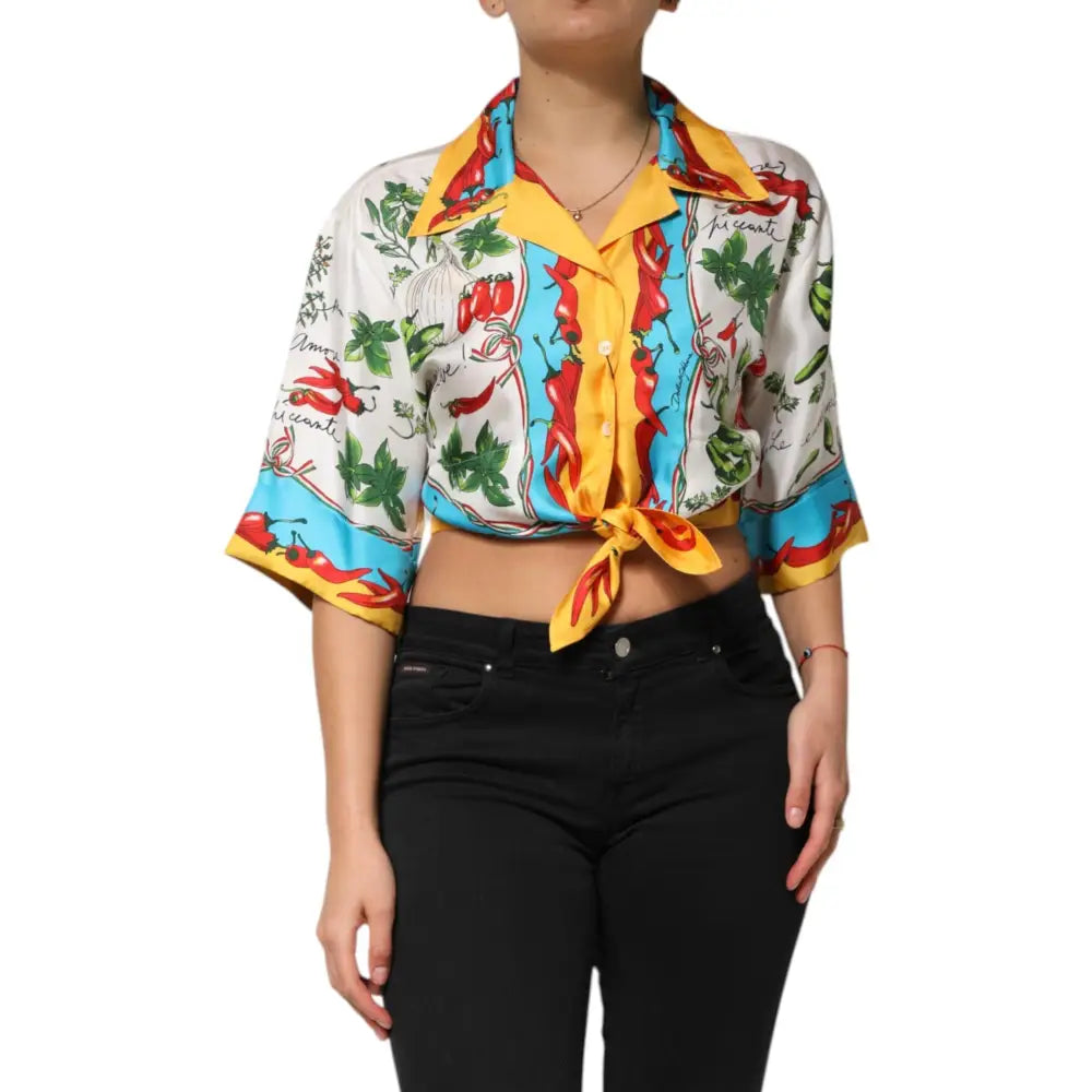 Dolce & Gabbana Multicolor Chili Silk Cropped Blouse Top