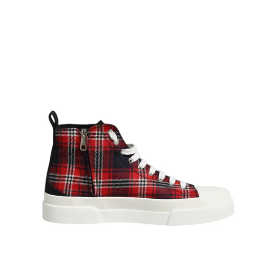 Dolce & Gabbana multicolor cotton high top sneaker i rød og sort plaid med hvid sål