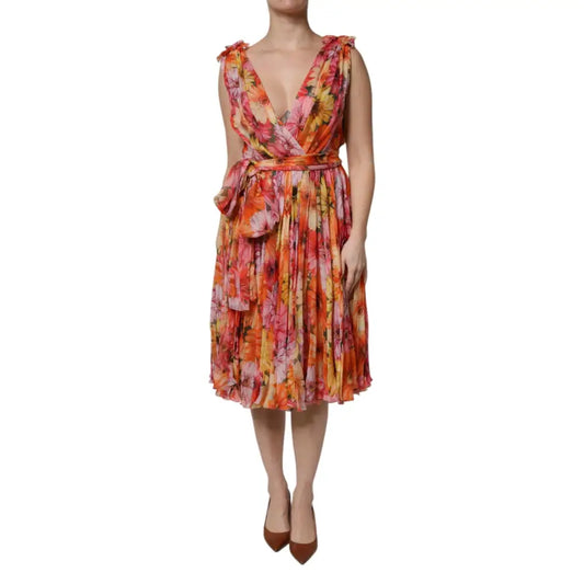 Dolce & Gabbana Multicolor Floral Silk V-neck Chiffon Dress