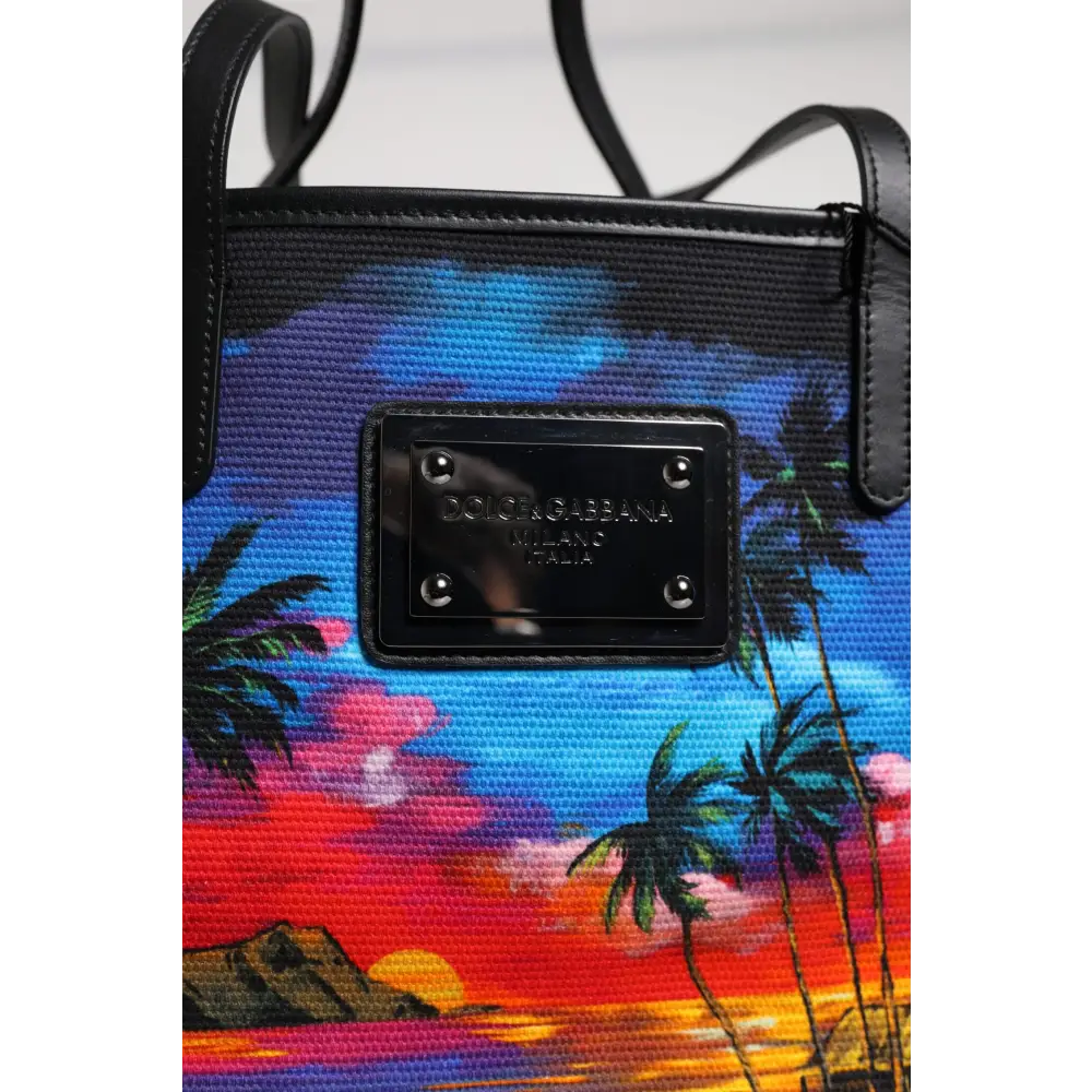 Dolce & Gabbana multicolor graphic printed top handle tote bag med tropisk solnedgang
