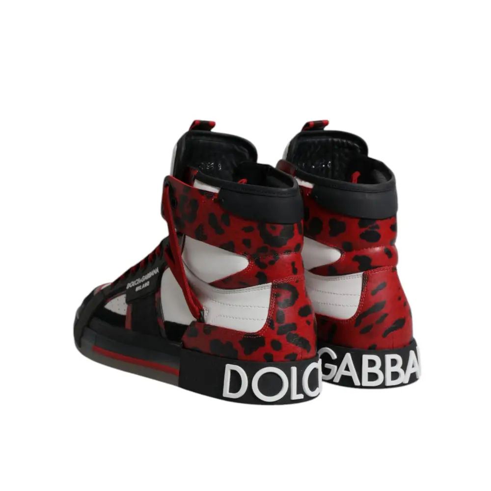 Dolce & Gabbana multicolor leather high top sneakers i rød og sort leopardprint med hvide accenter og logo på sålen