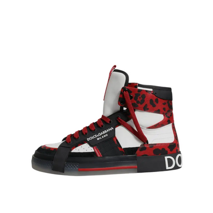 Røde og sorte leopardmønstrede læder high-top sneakers med Dolce & Gabbana logo