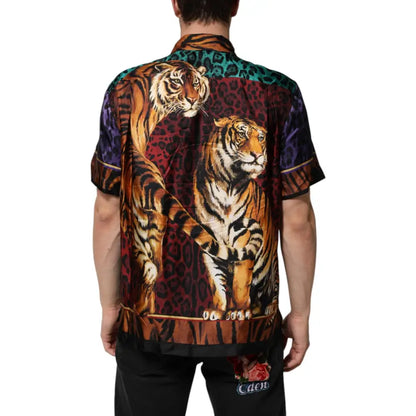 Dolce & Gabbana Multicolor Silk Tiger Print Hawaiian T-shirt
