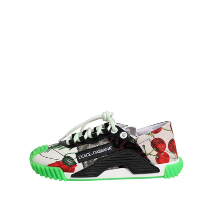 Dolce & Gabbana multicor DG logo leopard cherry sneakers in white canvas with red cherry print, black and neon green accents