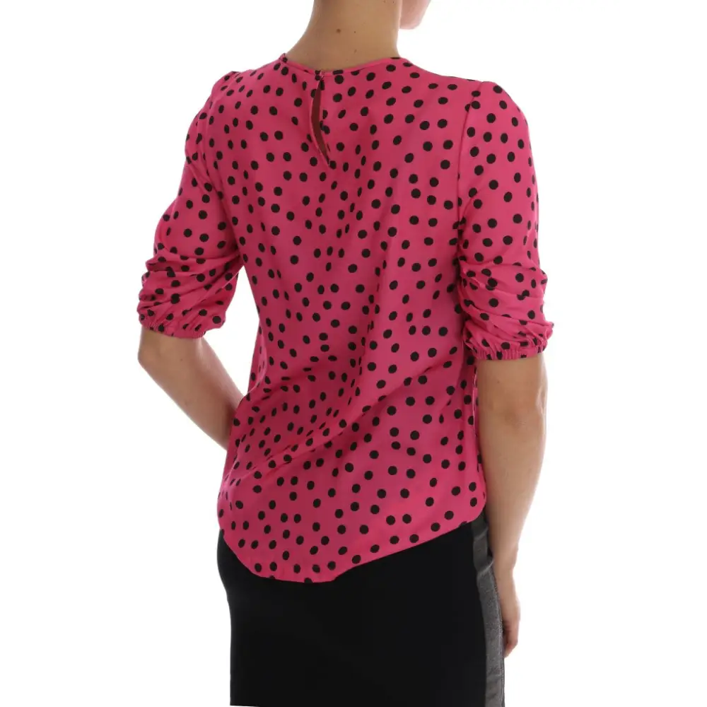 Dolce & Gabbana pink polka-dotted silk blouse med sorte prikker og ruchede ærmer. Spar 30-70% på 100% originale brands