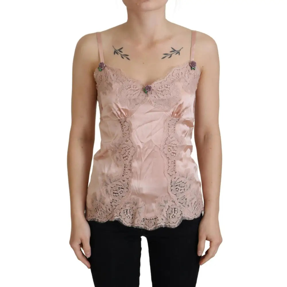 Dolce & Gabbana Pink Satin Lace Roses Tank Top Lingerie