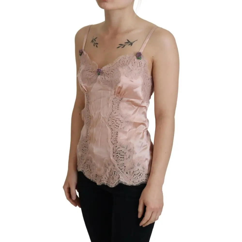 Dolce & Gabbana Pink Satin Lace Roses Tank Top Lingerie