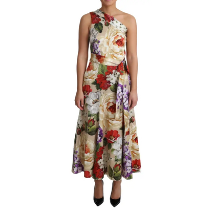 Dolce & Gabbana Print Silk Stretch One Shoulder Dress Floral