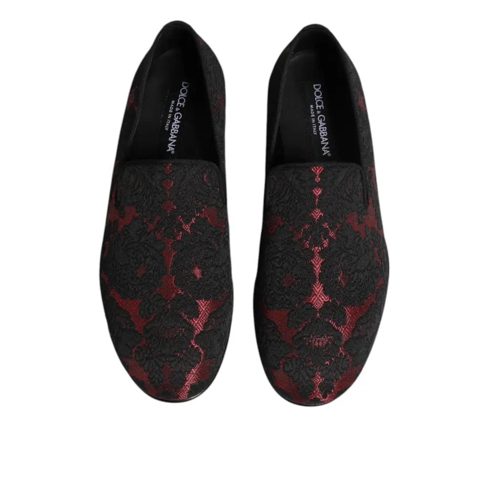 Dolce & Gabbana Red Black Jacquard Slip On Loafers Shoes