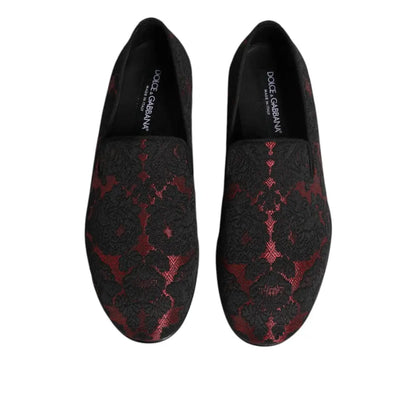Dolce & Gabbana Red Black Jacquard Slip On Loafers Shoes