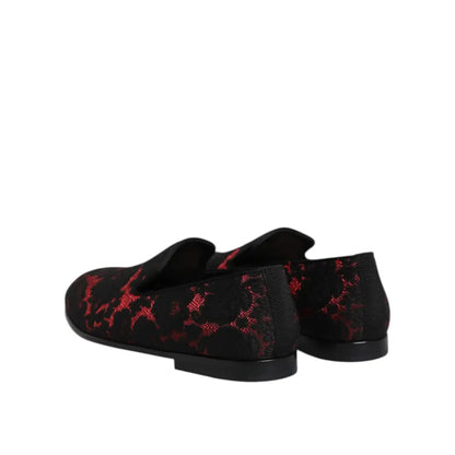Dolce & Gabbana Red Black Jacquard Slip On Loafers Shoes