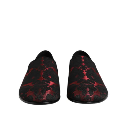 Dolce & Gabbana Red Black Jacquard Slip On Loafers Shoes