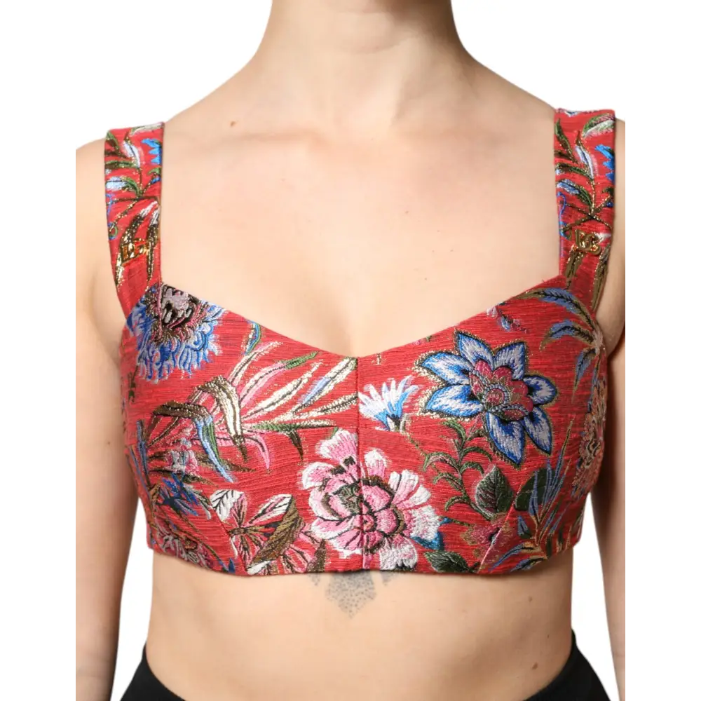 Vibrant Dolce & Gabbana rød floral brokade cropped bustier, 100% originale brands