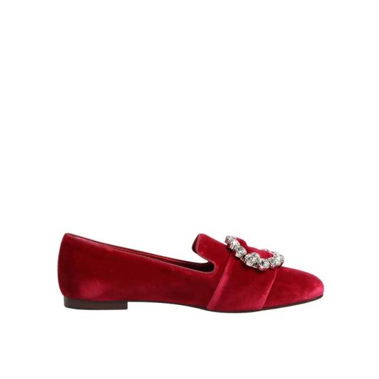 Dolce & Gabbana Red Velvet Crystal Buckle Loafers Flats Shoes