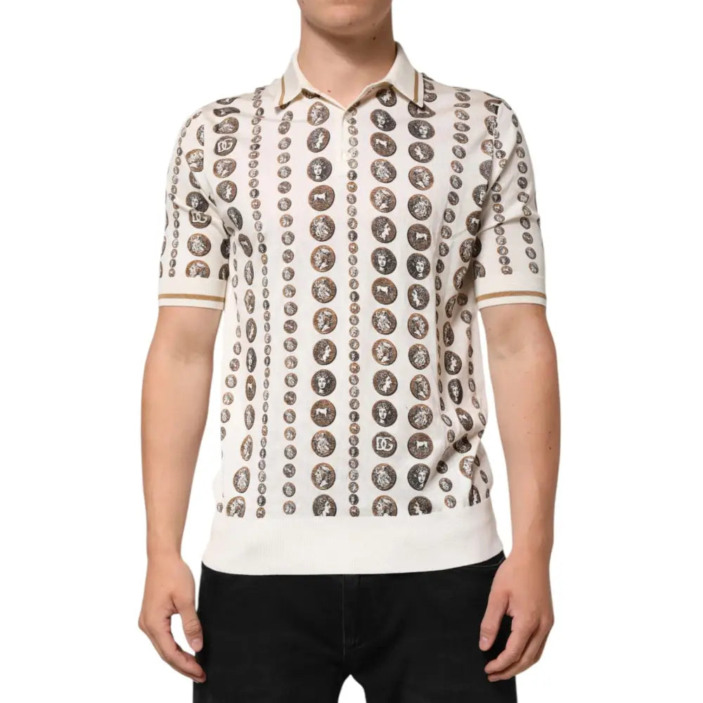 Dolce & Gabbana Silk Ivory Coin Print Logo Men Polo T-shirt