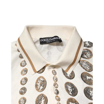 Dolce & Gabbana Silk Ivory Coin Print Logo Men Polo T-shirt