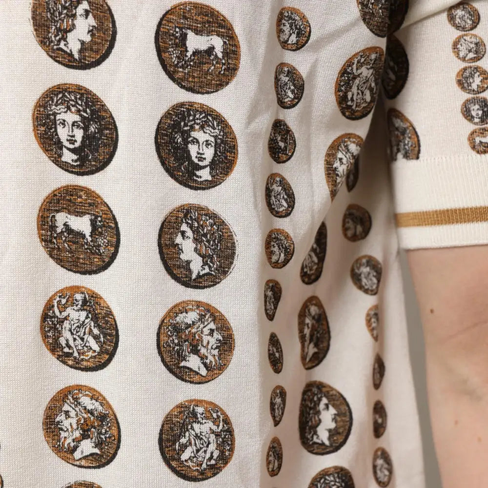 Dolce & Gabbana Silk Ivory Coin Print Logo Men Polo T-shirt