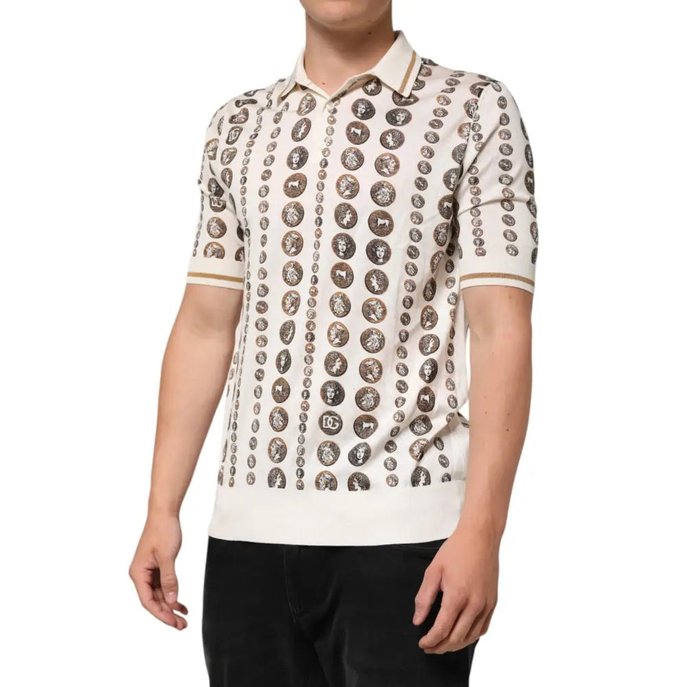 Dolce & Gabbana Silk Ivory Coin Print Logo Men Polo T-shirt
