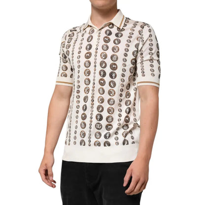Dolce & Gabbana Silk Ivory Coin Print Logo Men Polo T-shirt