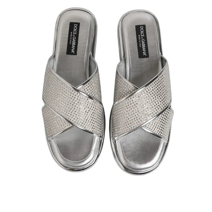 Dolce & Gabbana Silver Strass Slides Flats Slippers Shoes
