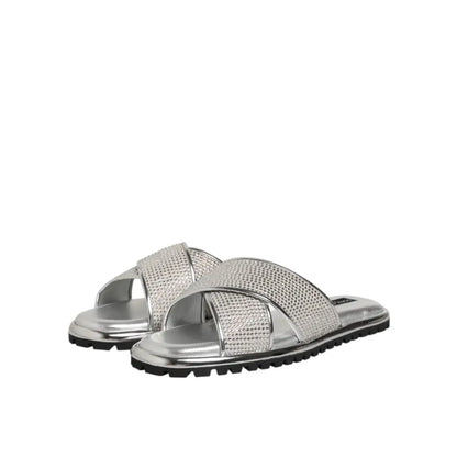 Dolce & Gabbana Silver Strass Slides Flats Slippers Shoes