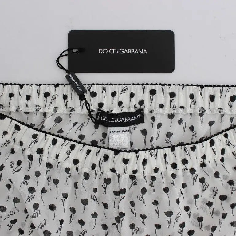 Dolce & Gabbana White Black Floral Lace Silk Sleepwear Shorts