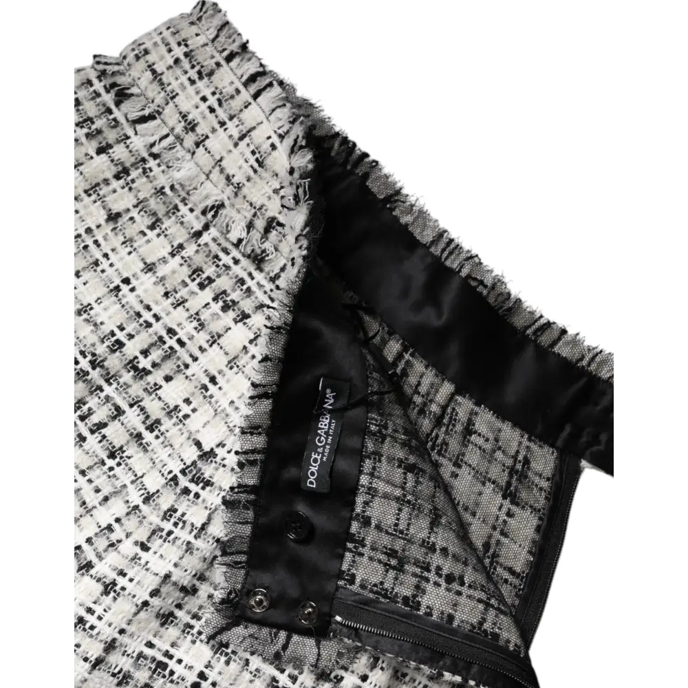 Dolce & Gabbana white black high waist tartan tweed mini skirt with frayed hem