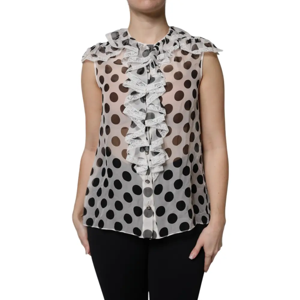 Dolce & Gabbana White Black Polka Dot Cotton Sleeveless Top - Skjorte