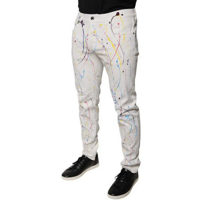 Dolce & Gabbana White Color Splash Print Skinny Denim Jeans