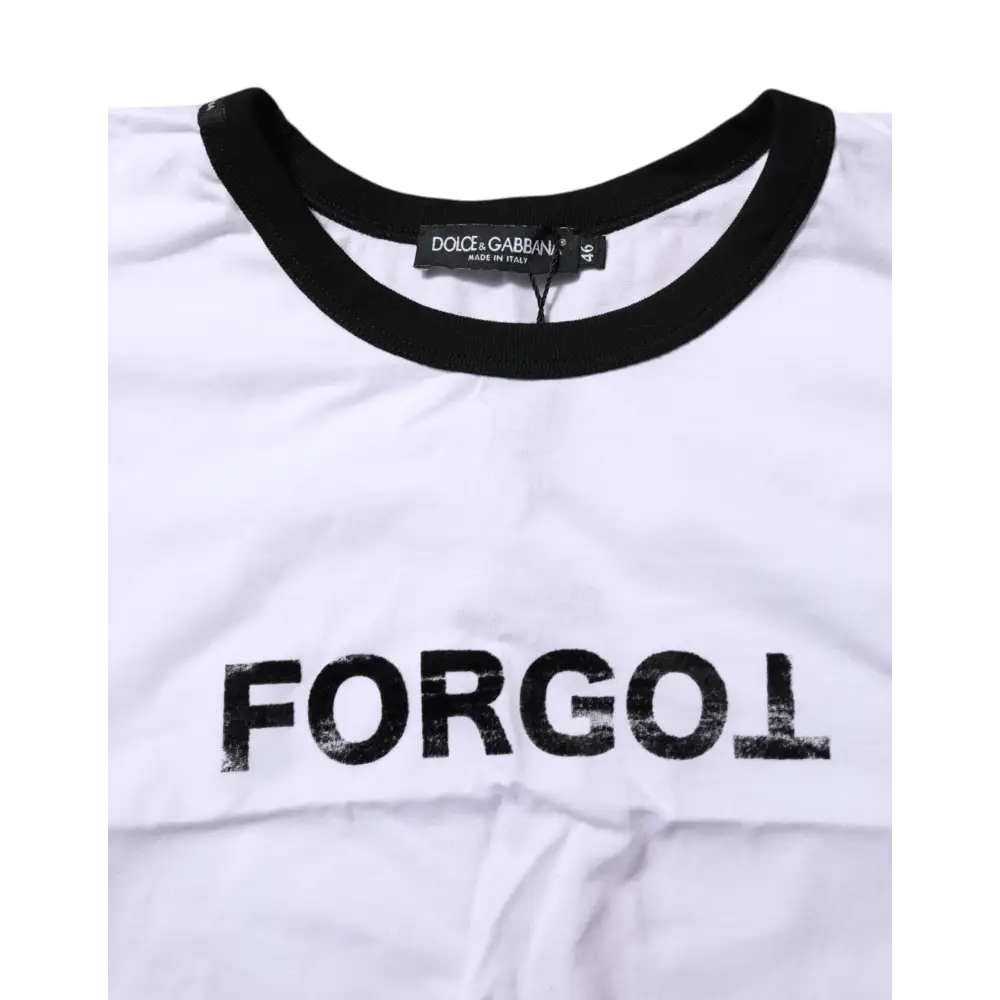 Dolce & Gabbana white cotton crew neck t-shirt med sort ribkrave og Forgol-tryk