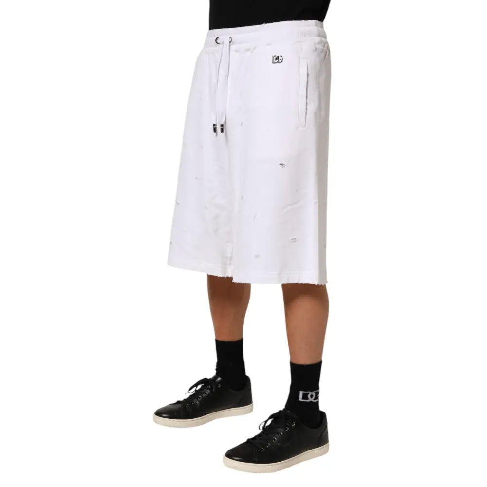 Dolce & Gabbana White Cotton Ripped Bermuda Sweatpants Shorts