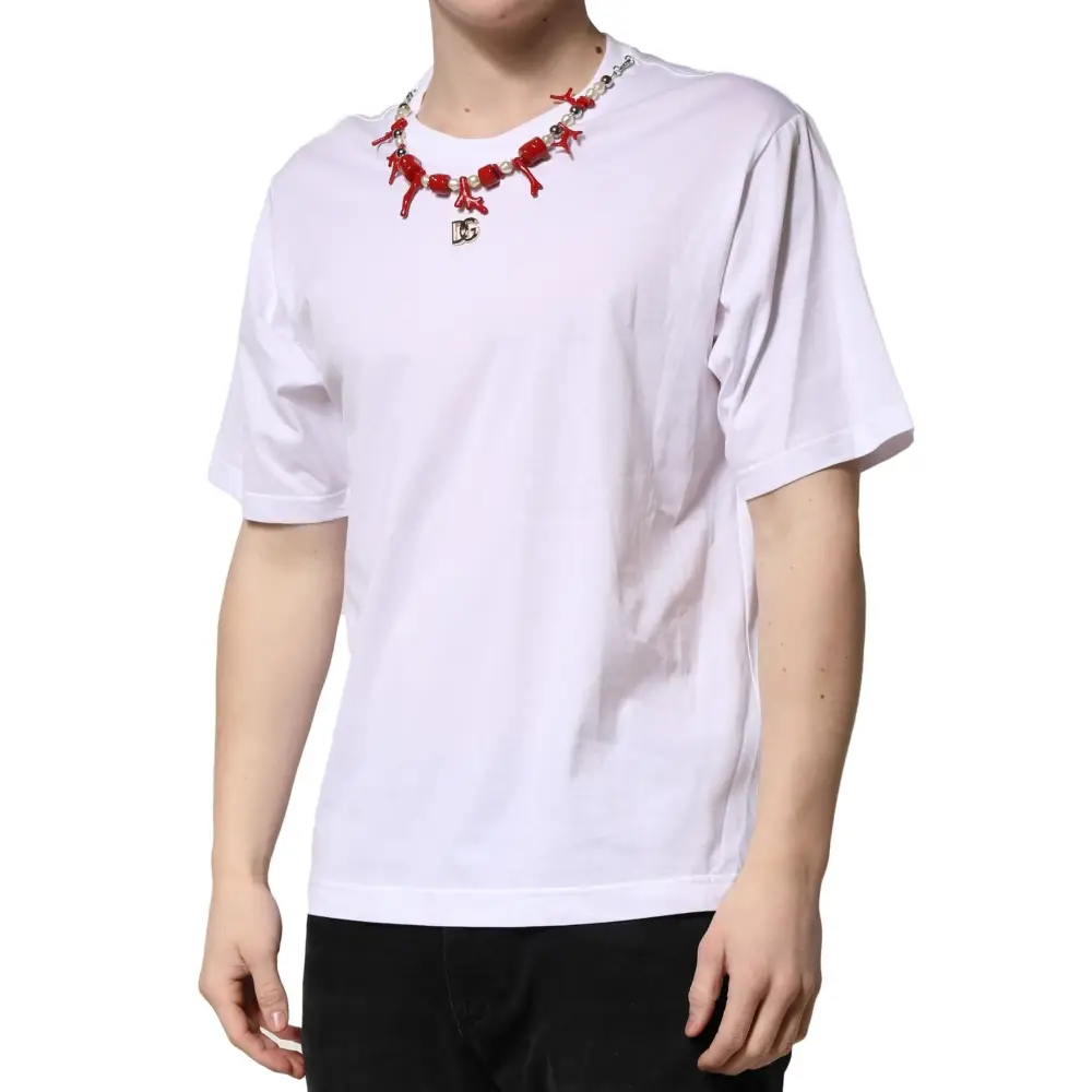 Dolce & Gabbana White Embellished Cotton Crew Neck T-shirt - T-shirts