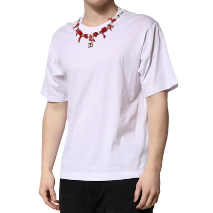 Dolce & Gabbana White Embellished Cotton Crew Neck T-shirt - T-shirts