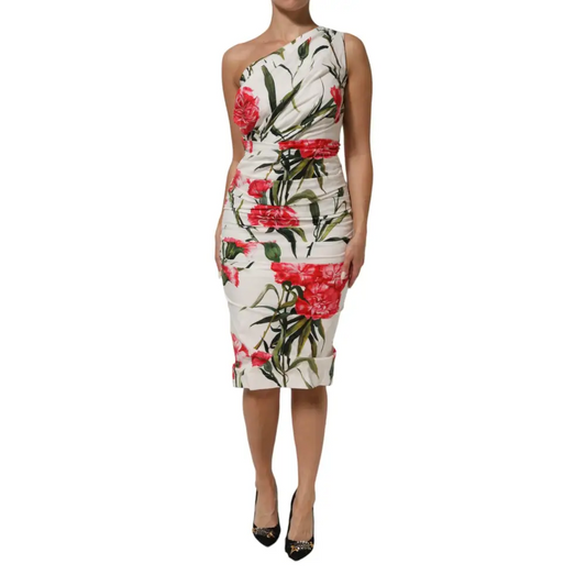 Dolce & Gabbana White Floral One Shoulder Sheath Dress