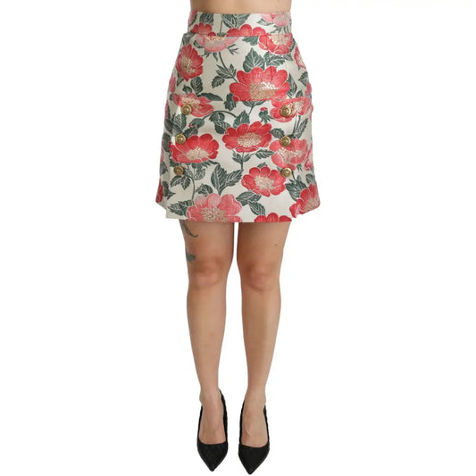 Dolce & Gabbana White Green Red Floral High Waist Mini Skirt