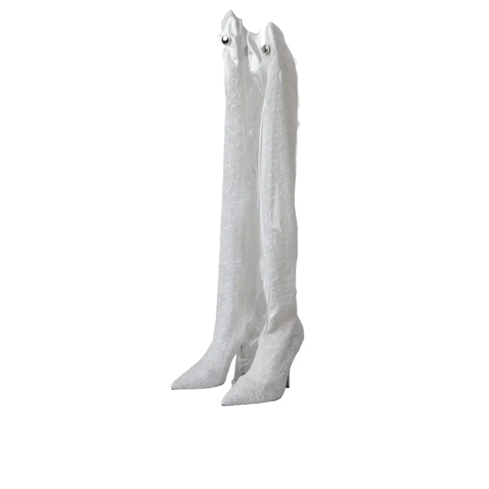 Dolce & Gabbana hvide heels stiletto knæhøje støvler med hvidt blonde og sølvøjede detaljer