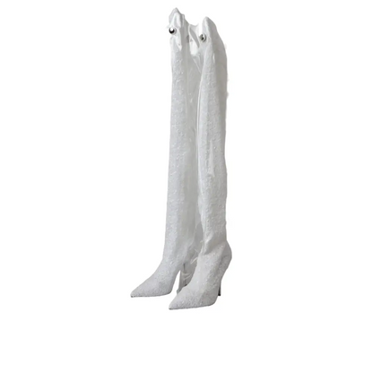 Dolce & Gabbana hvide heels stiletto knæhøje støvler med hvidt blonde og sølvøjede detaljer