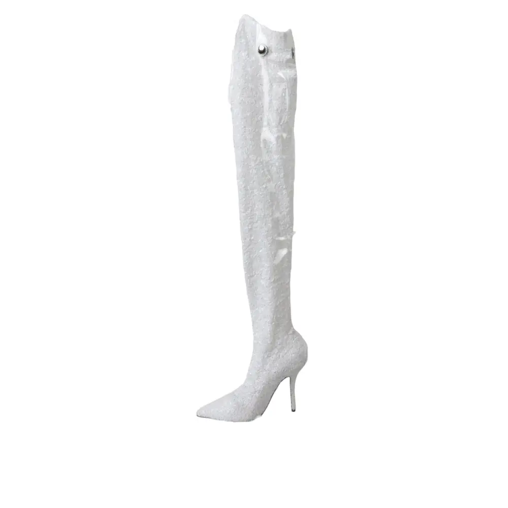 Dolce & Gabbana white heels stiletto knee high boots with glittery texture