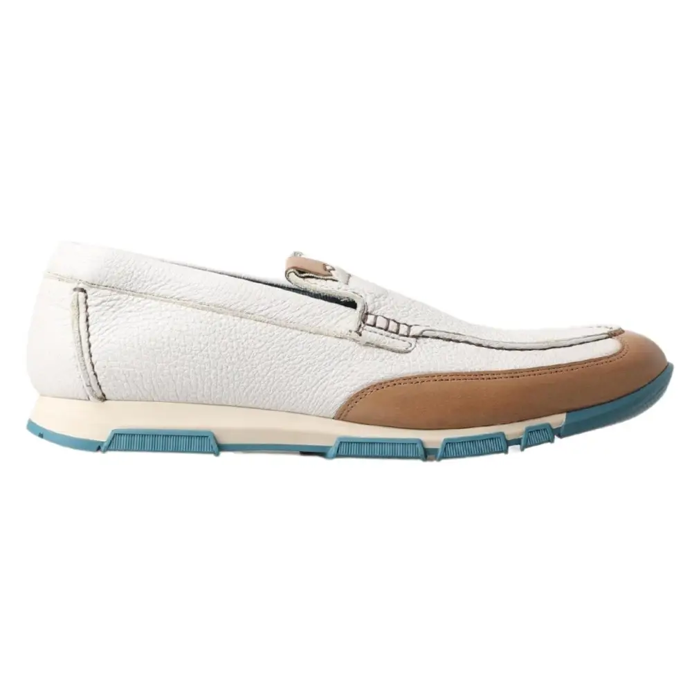 Dolce & Gabbana white leather loafers moccasins with tan and teal accents