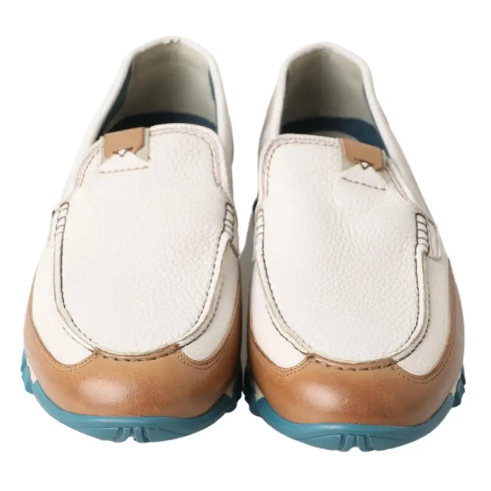 Dolce & Gabbana white leather loafers moccasins with tan trim and teal sole