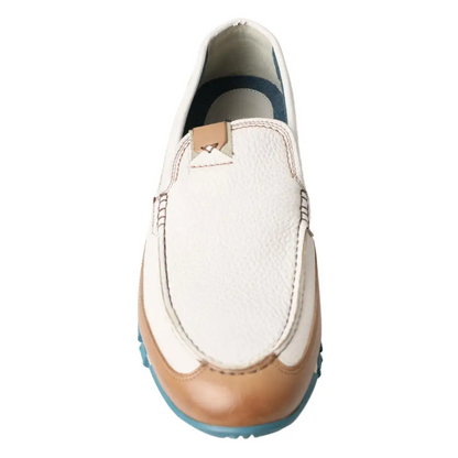 Dolce & Gabbana white leather loafers med tan accenter og lyseblå sål