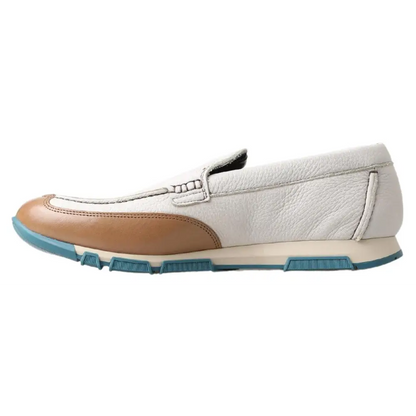 Dolce & Gabbana white leather loafers moccasins med hvid læderoverdel, tan tå og teal gummisål