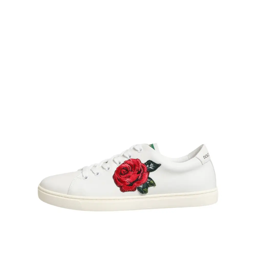 Dolce & Gabbana White Leather Rose Embroidery Low-Top Shoes - Sneakers