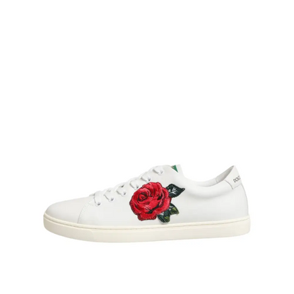 Dolce & Gabbana White Leather Rose Embroidery Low-Top Shoes - Sneakers