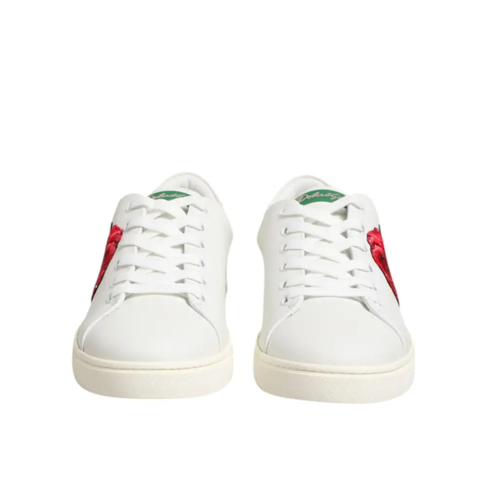 Dolce & Gabbana White Leather Rose Embroidery Low-Top Shoes - Sneakers